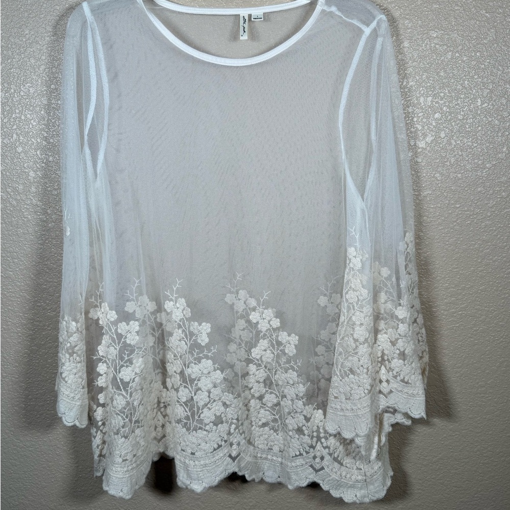 Ultra Pink OffWhite Cream Sheer Flowy Boho Bohemian Lace Blouse Summer Large